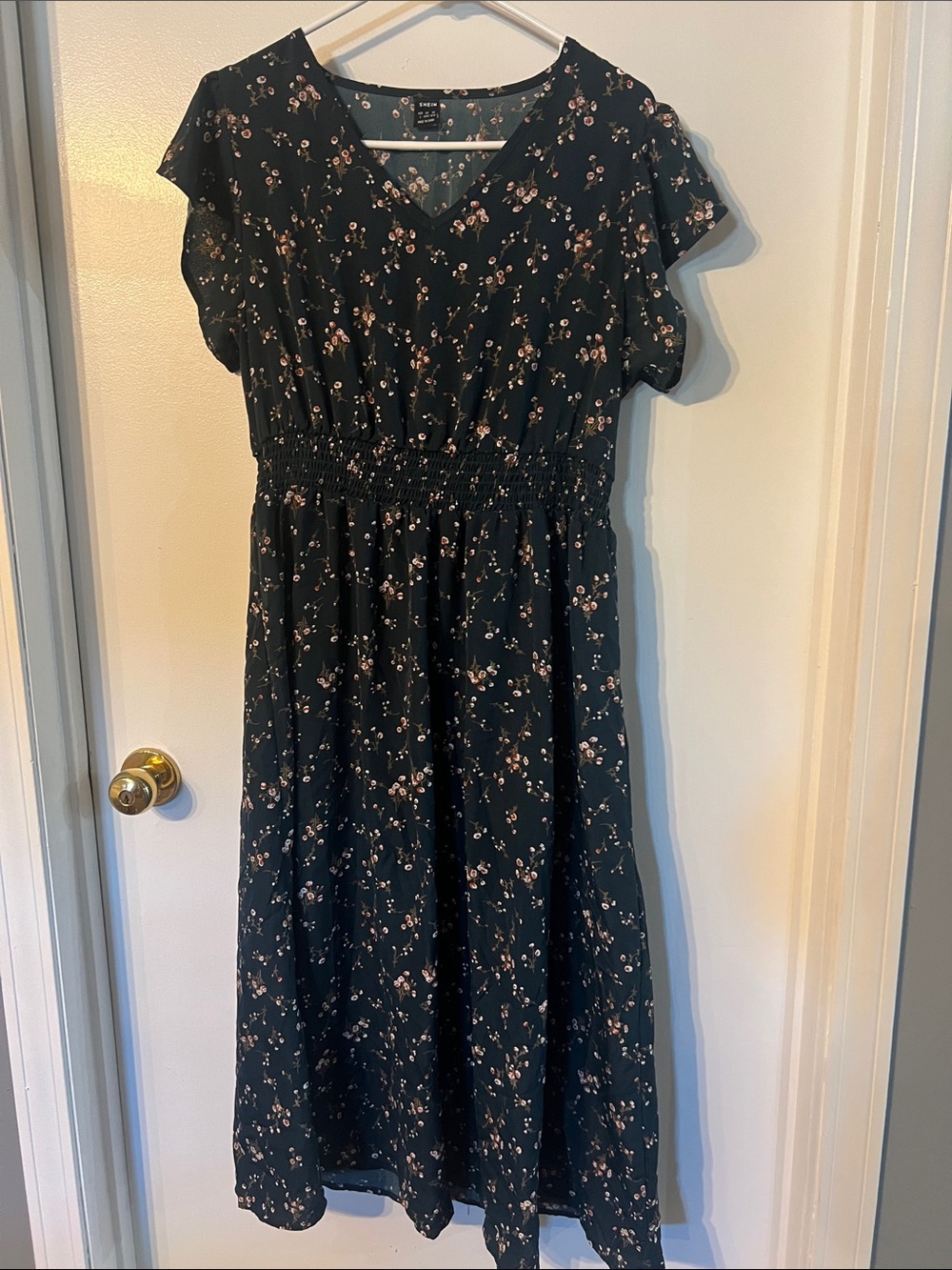 Girls Floral Black Midi Dress with Smocked Waist